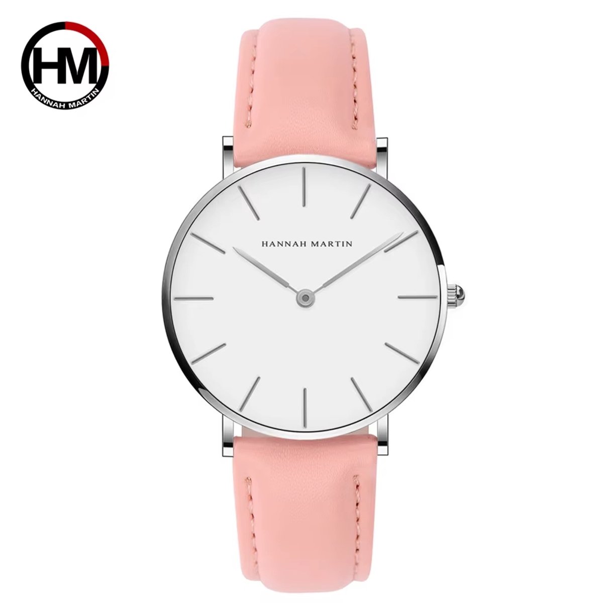 HANNAH MARTIN horloge met roze lederen polsband, witte wijzerplaat, zilveren horlogekast en zilveren wijzers voor dames met stijl ( model CB36 YF )