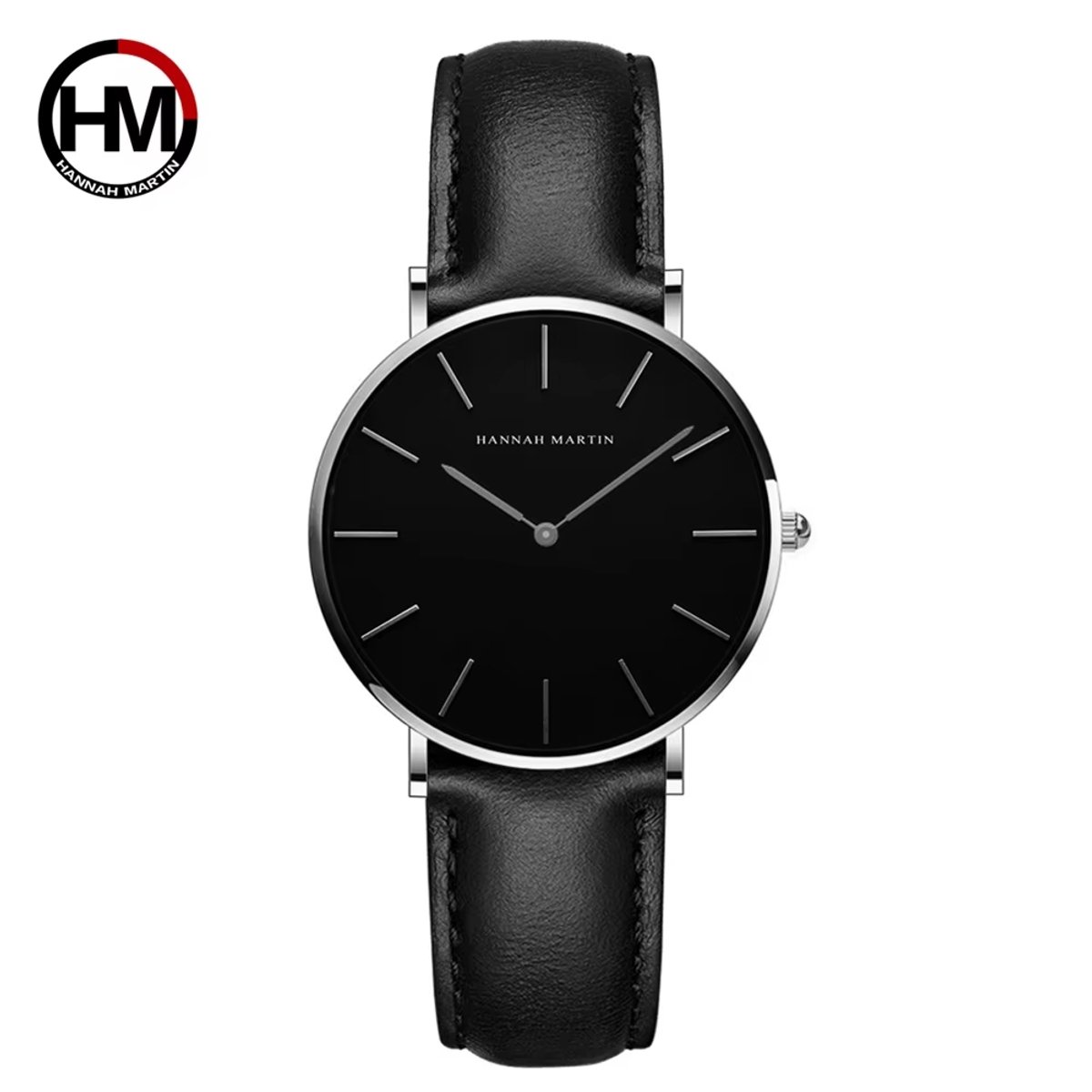 HANNAH MARTIN horloge met zwarte lederen polsband, zwarte wijzerplaat, zilveren horlogekast en zilveren wijzers voor dames met stijl ( model CH36 YH )