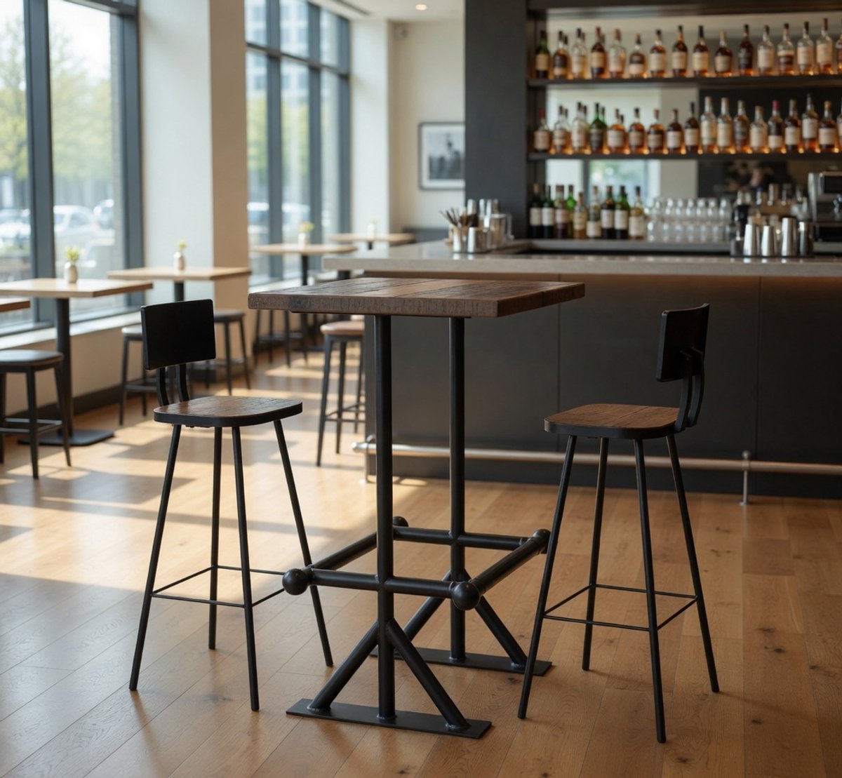 3-Delige Barset Massief Oud Hout - Bartafel + 2 Barkrukken Retro Industrieel - Voor Moderne Keuken & Thuis - Ganeey