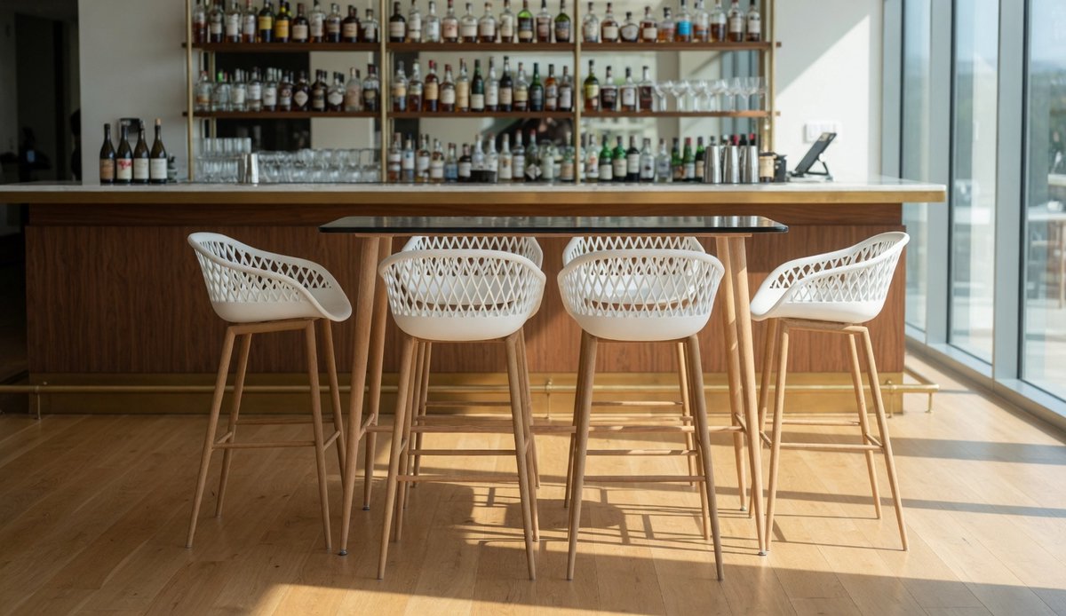7-Delige Barset Zwart en Wit - Bartafel MDF + 6 Barkrukken Mesh-look - Modern Design - Voor Woning, Tuin, Bar & Restaurant - Ganeey