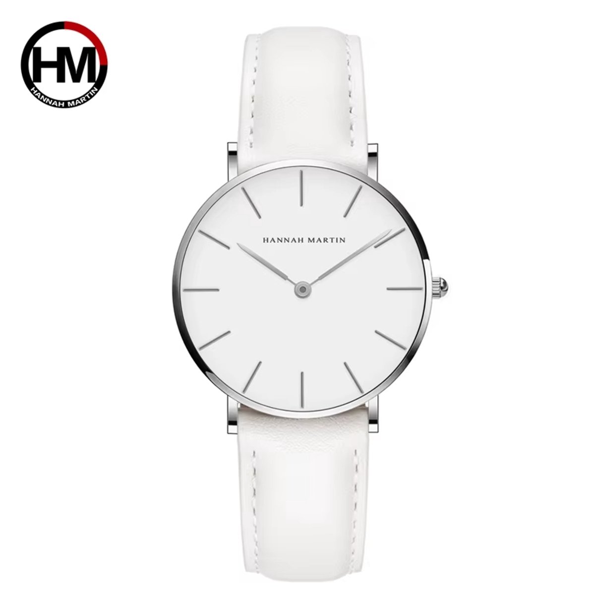 HANNAH MARTIN horloge met witte lederen polsband, witte wijzerplaat, zilveren horlogekast en zilveren wijzers voor dames met stijl ( model CB36 YB )