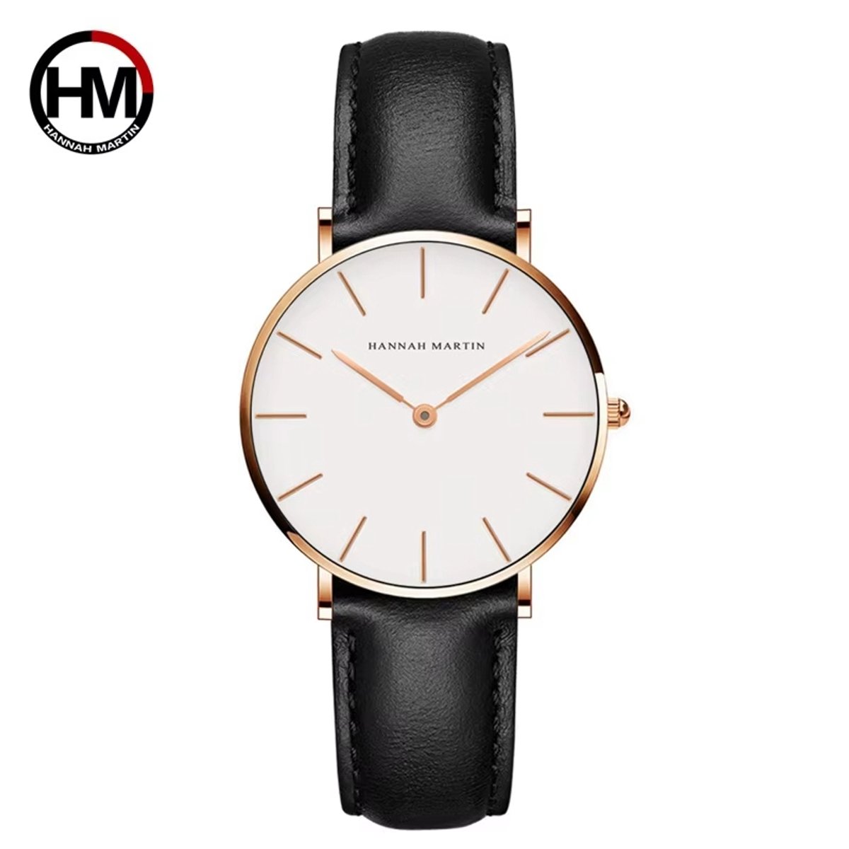 HANNAH MARTIN horloge met zwarte lederen polsband, wittte wijzerplaat, gouden horlogekast en gouden wijzers voor dames met stijl ( model CB36 FH )