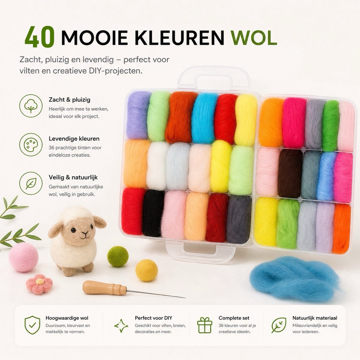 BOTC Naaldvilten - 64-Delig Starterset - 40 kleuren wol - Incl. Tools - Needle felting - Pakket - Gekaarde wol - Viltnaalden — afbeelding 3