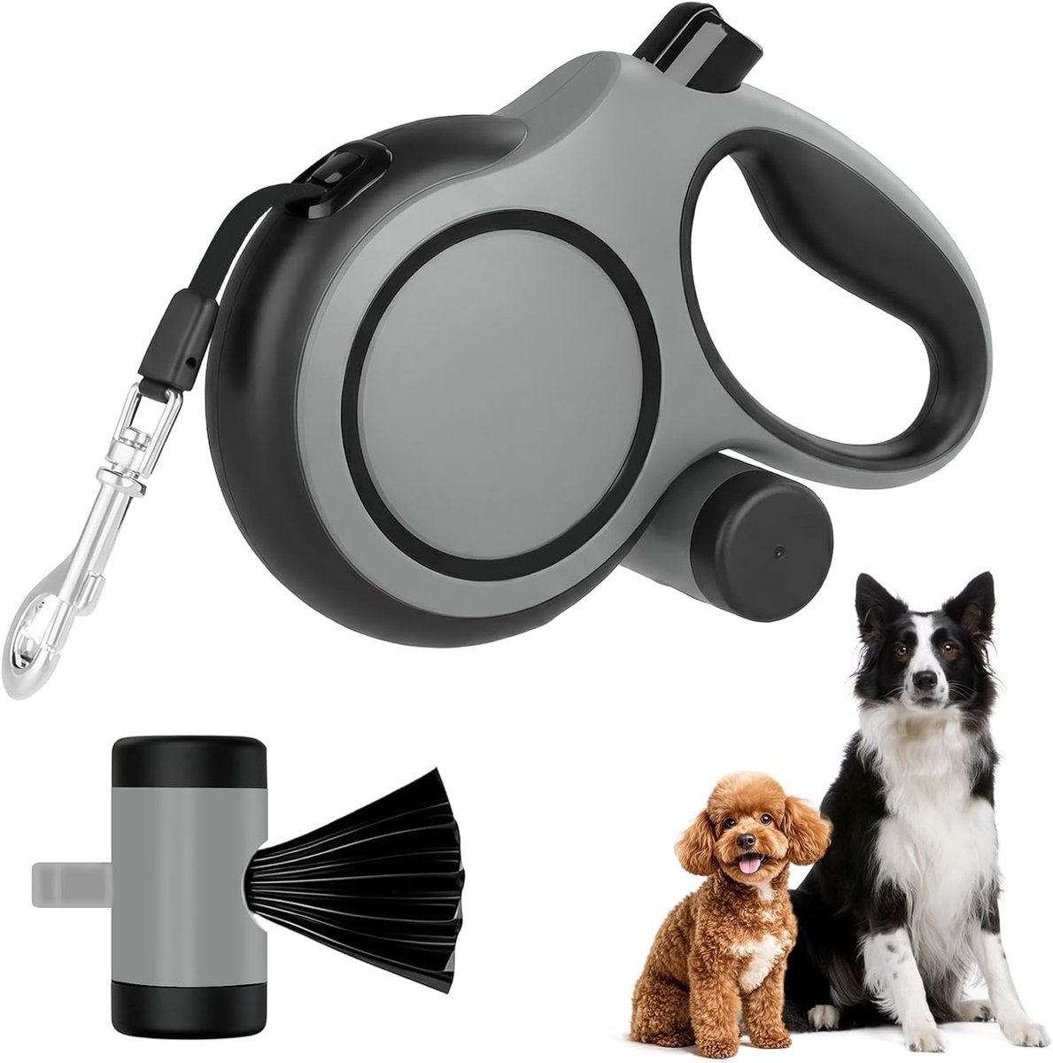 VHV - Hondenriem - Hondenriem 8 meter - 8m uitschuifbare hondenriem - Uitschuifbare riem voor middelgrote en grote honden (tot 50 kg) - Anti-bijt hondenriem met stop - Vergrendelingsknop en zakjesdispenser - Grijs