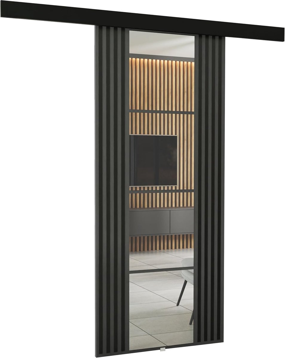 Schuifdeur met Spiegel en Railsysteem 96x205x1,6 cm – Grafiet – Complete Kamer- & Garderobedeur Set met Metalen Geleiderail, Ruimtebesparende Moderne Interieur Schuifdeur – Faisal