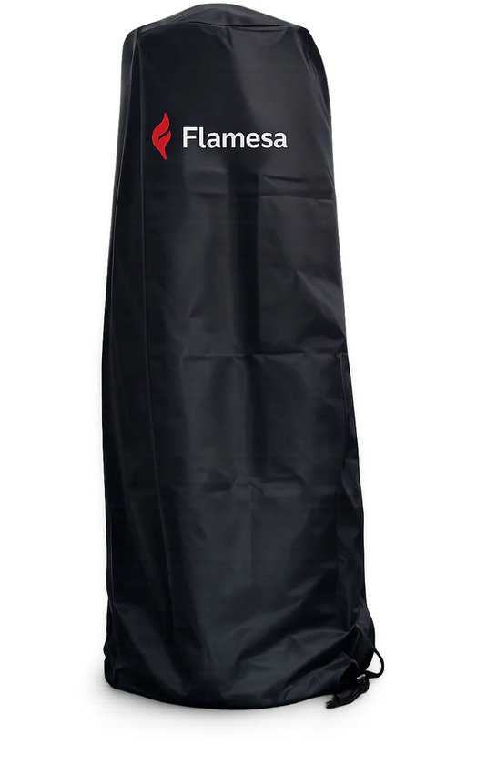 Zwarte, waterdichte beschermhoes voor een staande terraskachel met Flamesa logo.