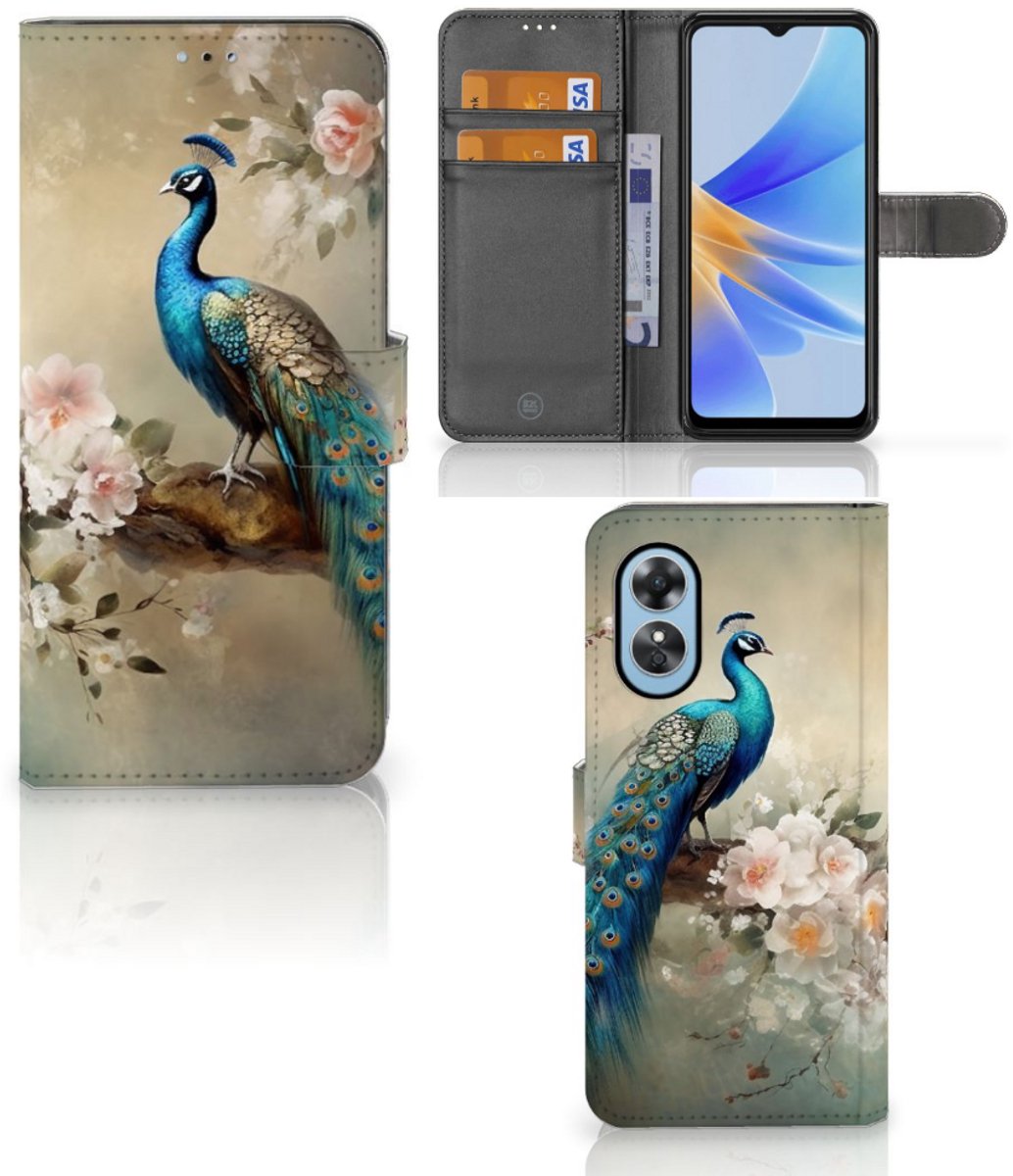 Telefoonhoesje met Pasjes voor OPPO A17 Vintage Pauwen