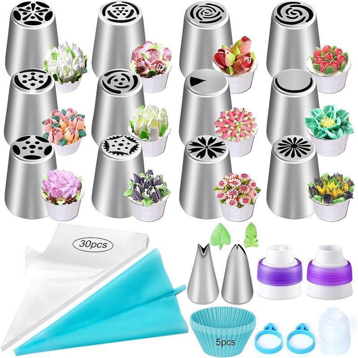 55 stuks spuitmondjes voor gebak, taartdecoratieset, spuitzakken, spuitmondjes