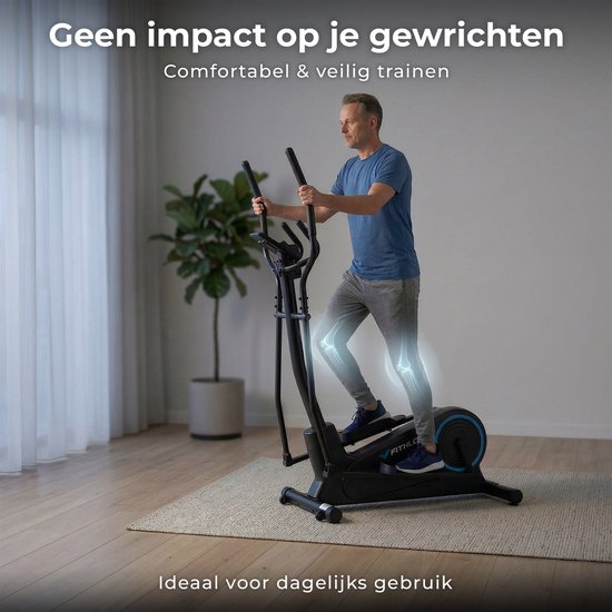 Een man traint op een zwarte crosstrainer in een woonkamer. Geïllustreerde gloeiende knieën tonen impactvrij trainen.