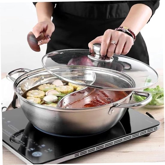 RVS Hete Pot - Hotpot met verdeler - Gezellig eten - Dubbele bouillon koken - 28 cm - Zilver — afbeelding 2