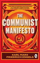 De cover van "The Communist Manifesto" door Karl Marx & Friedrich Engels, met een citaat en sovjet-symbool in rood en geel.