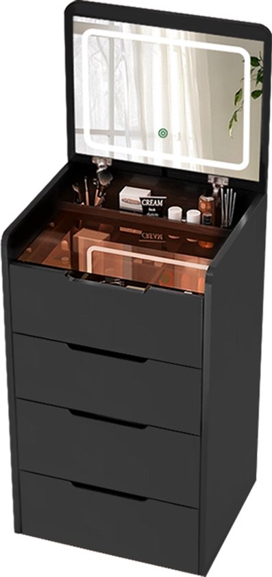 Zwarte kaptafel met spiegel en LED-verlichting, make-up opbergruimte en vier lades.