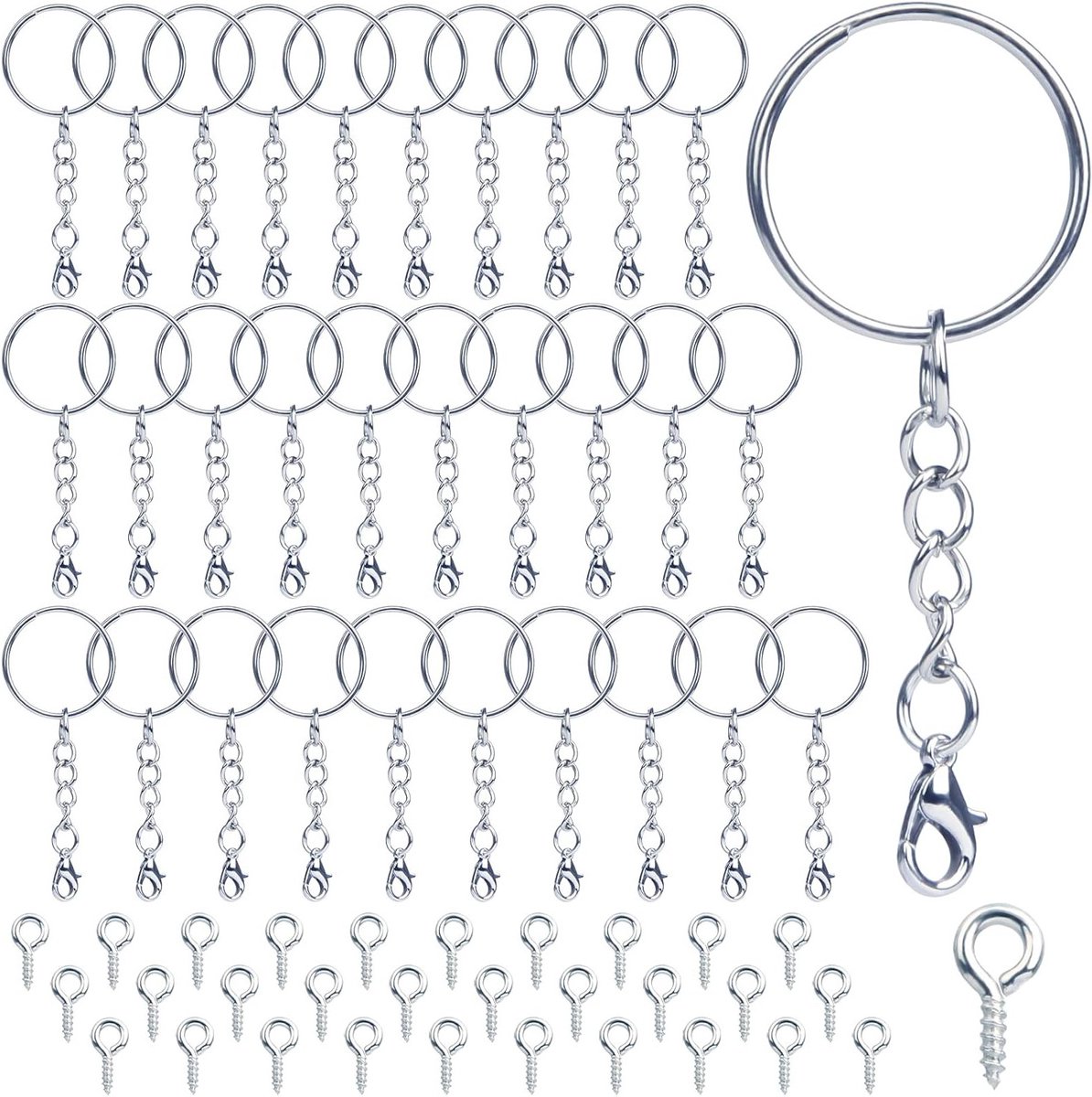 Complete set van 60 stuks sleutelhanger accessoires met 30 clips, 30 karabijnhaken en oogjes voor sleutelhanger maken