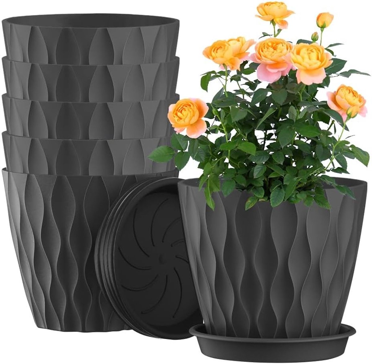 Kleine bloempot met schotel, wafelpatroon, plastic met gaten, ideaal voor binnen en balkon, tuinaccessoire, set van 6, diameter 10 cm