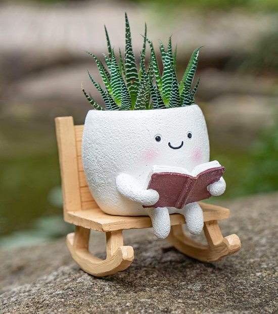 Bloempot in de vorm van een schommelstoel met een smileygezichtje, schattige plantenpotten voor binnen en buiten, unieke en leuke potten voor vetplanten, ideaal als Moederdag-, verjaardags- of kerstcadeau (wit).