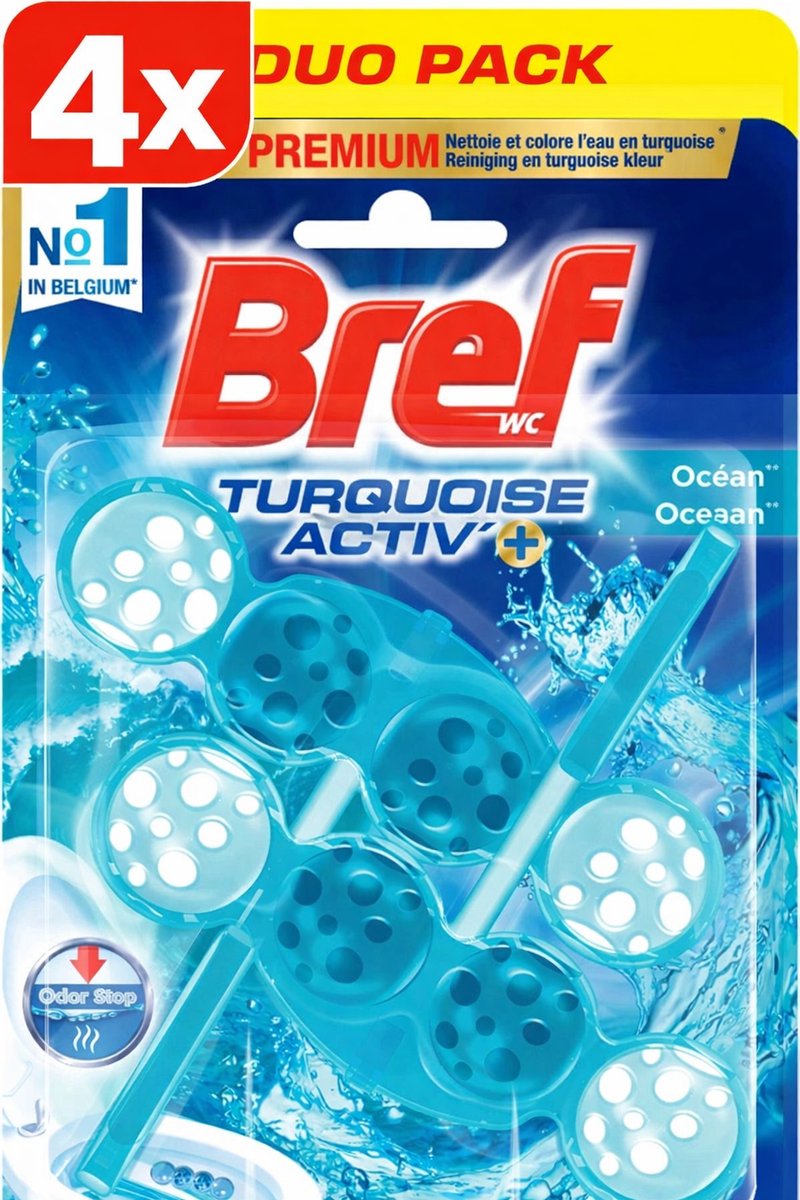 4 x Bref WC - Turquoise Activ+ - Toiletblok - Oceaan - 2 Blokken