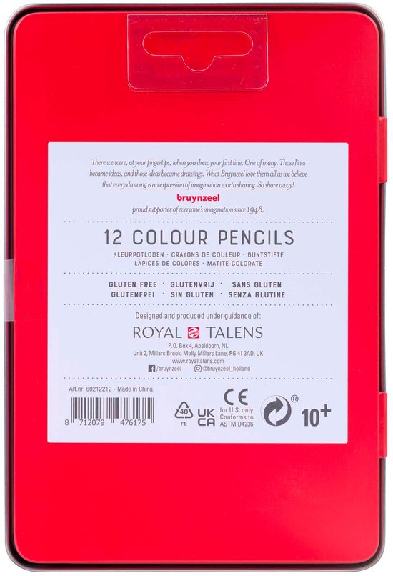 Rood metalen blik met daarop de tekst '12 COLOUR PENCILS' en afbeeldingen.