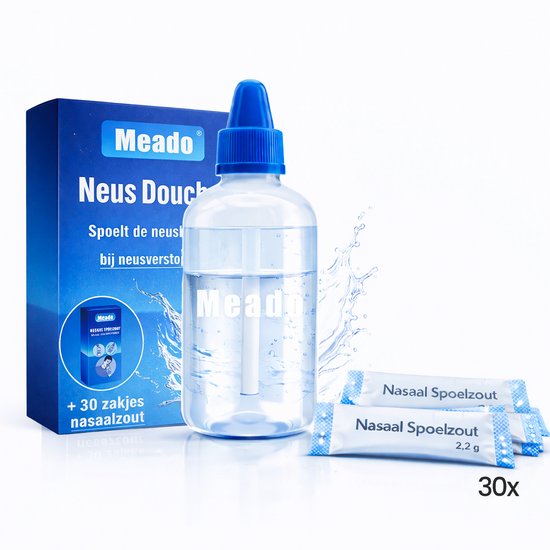 Meado Neusdouche - Inclusief 30 zakjes Nasaal Spoelzout - Neusreiniger - Neusspoeler - Tegen verkoudheid - Tegen hooikoorts - Nasaal zout - Tegen sinusitis - spoelzout neus - neusdouche volwassenen