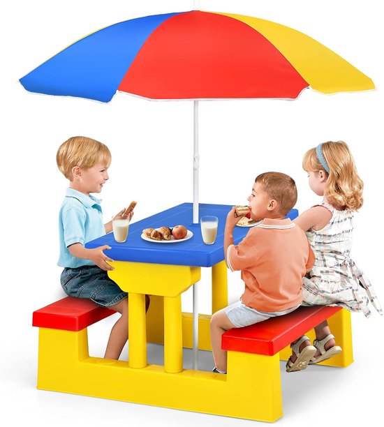 KOMFOTTEU Table de pique-nique, ensemble table et chaises pour enfants, avec parasol pliable, pour jardin, terrasse, parc, enfants à partir de 3 ans