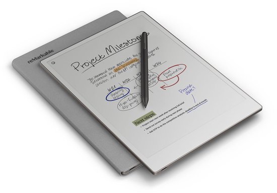 Grijze reMarkable tablet met stylus, geopend. De tablet toont een planning en notities met de tekst 'Project Milestones'.