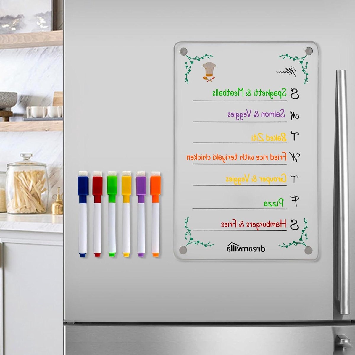Acryl Maaltijdplanner - Koelkast Kalender Menubord - Wekelijks Maaltijden Plannen - Magnetisch Droog Wisbord - 11.8 x 7.8 inches - Transparant