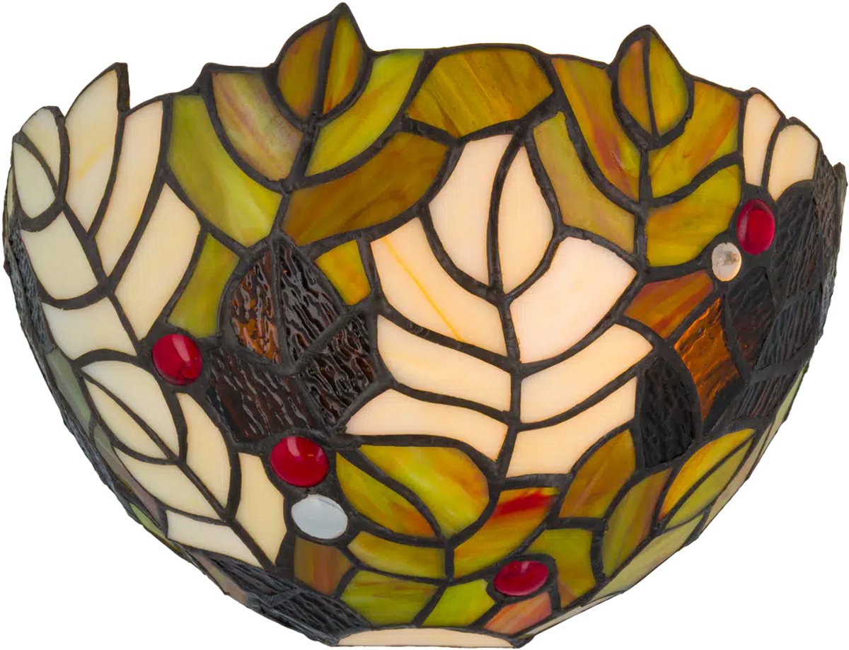 Tiffany wandlamp bladeren - Groen-geel-bruin - B 25 cm - Glas in lood - Warm licht - Muurlamp - Natuurmotief | RORUVERA