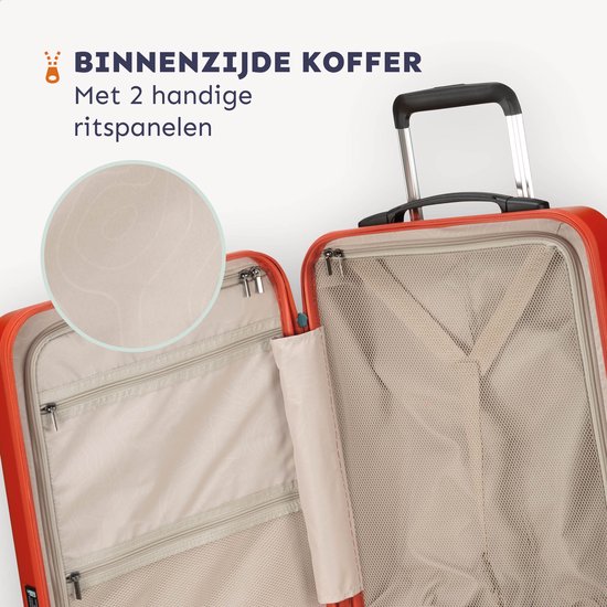 Oranje koffer open, interieur met twee ritsvakken en een verkleind detail van het voeringpatroon.