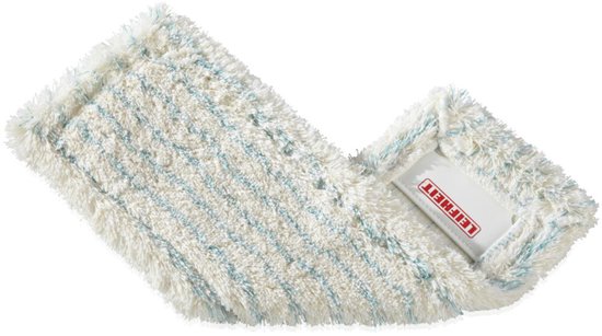 Housse de balai blanc à rayures bleu clair et franges blanches, avec le logo Leifheit rouge.