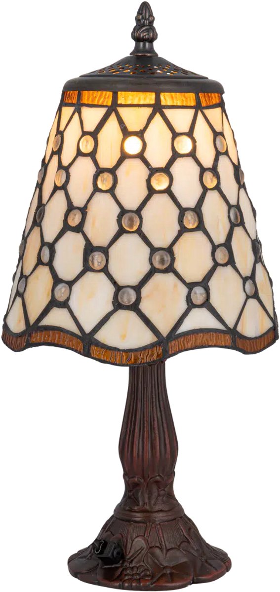 Tiffany tafellamp ruitpatroon - Crème-amber - Ø 17,5 cm - Glas in lood - Warm licht - Glasjuweeltjes | RORUVERA