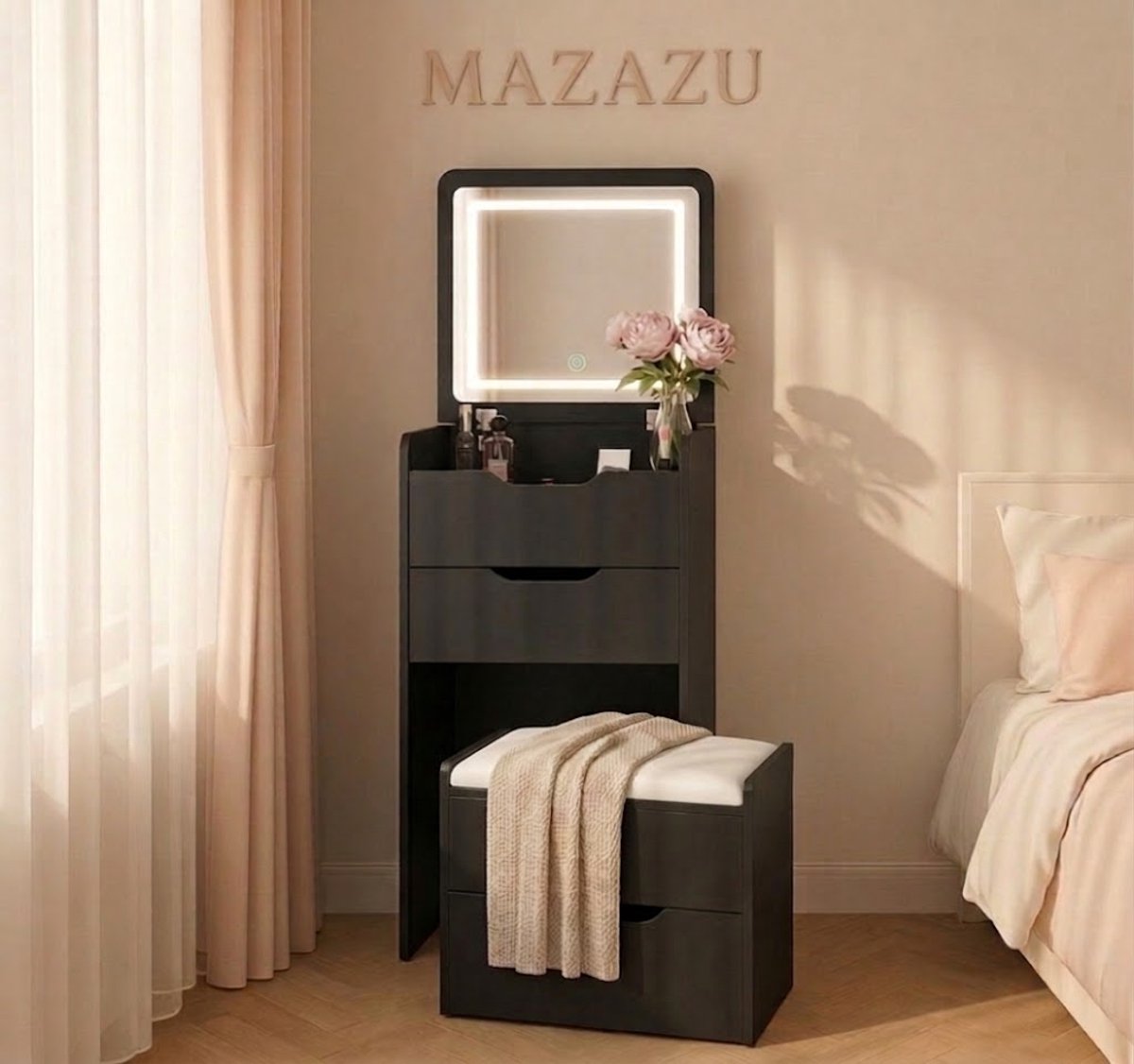 MAZAZU - Kaptafel met spiegel - LED Spiegel - Nachtkast - Krukje – Compacte Make-up Tafel – Zwart – 120 x 48 x40 cm