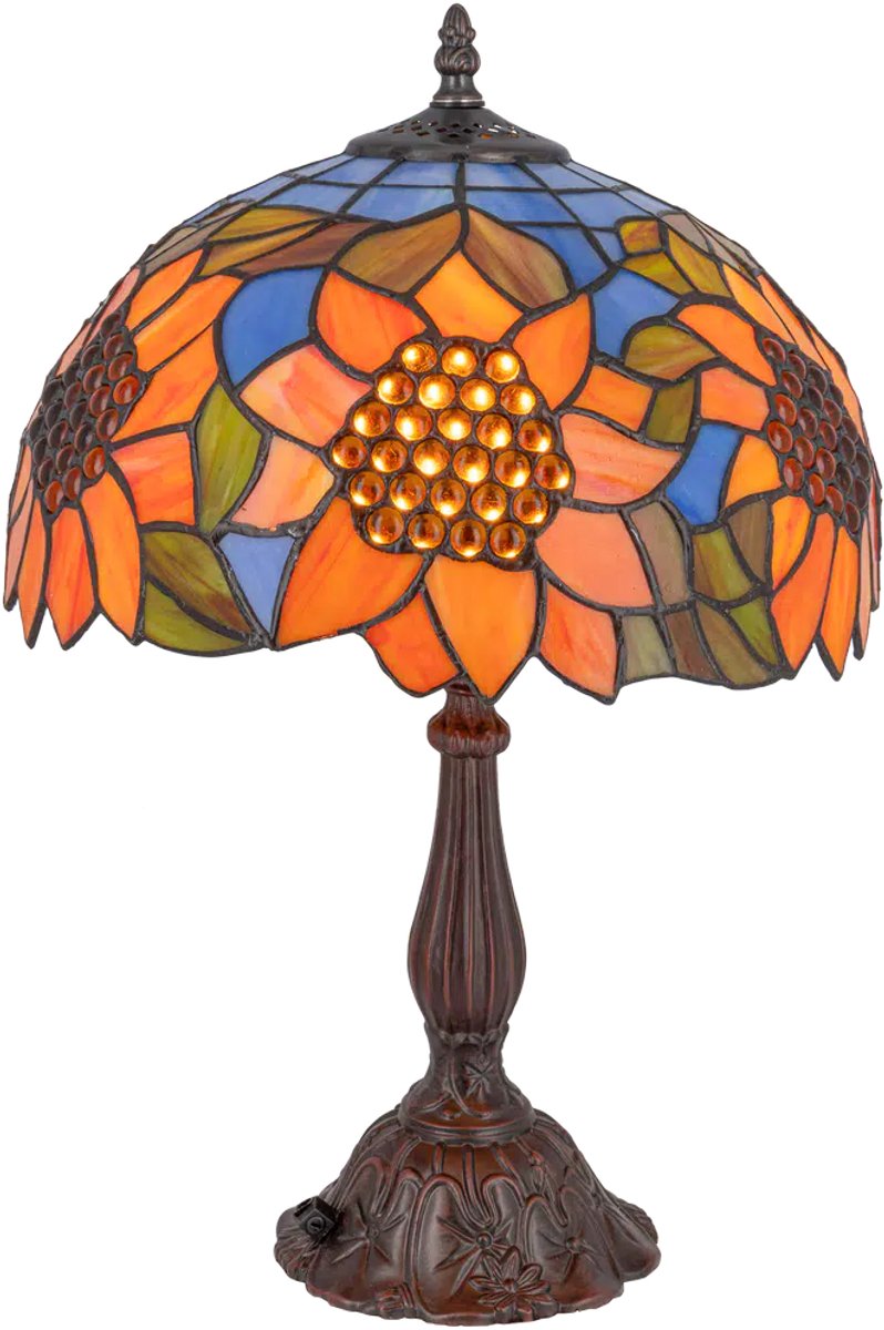Tiffany tafellamp zonnebloem - Oranje-blauw-groen - Ø 32 cm - Glas in lood - Warm licht - Bloemen - Natuurmotief | RORUVERA