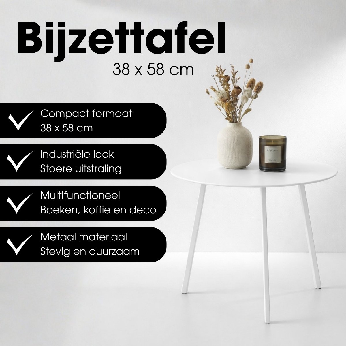 Mica Decorations Seatle Bijzettafel voor Buiten - Salontafel Rond - Plantentafel en Koffietafel - H38 x Ø58 cm - Metaal - Wit thumbnail 2