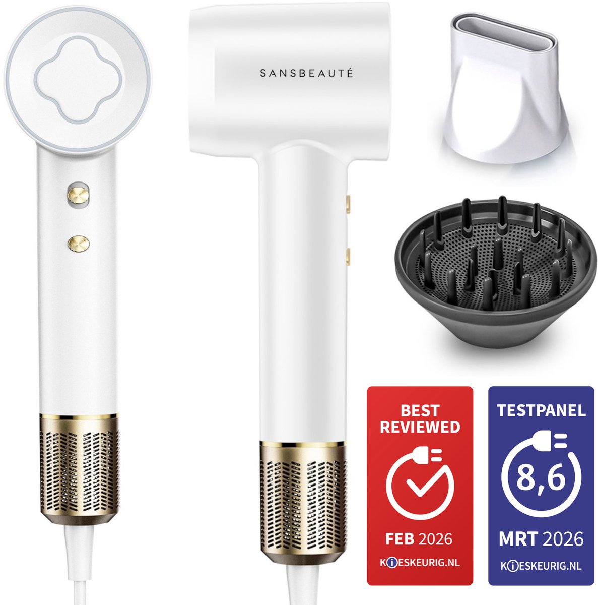 Bol.com Sansbeauté® Föhn met Diffuser - Krullen - 110.000RPM - Ionische Haardroger met Borstel - 3 Standen - 3 Opzetstukken - Re... aanbieding