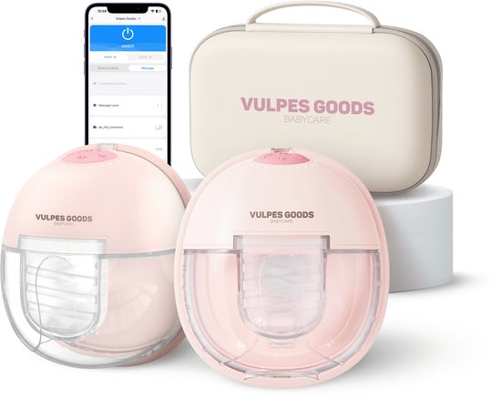 Vulpes Goods® BabyCare - Elektrische Borstkolf Elite - Handsfree Borstkolf - Dubbele Draadloze Borstkolf - Warmtecompressie - BPA-Vrij - App - Incl. Reiskoffer, Borstschildverkleiners, 60 Bewaarzakjes & Meer - Roze