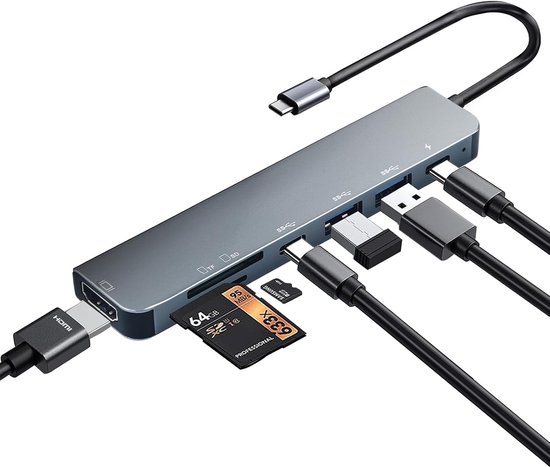 Een grijze USB-C hub met aangesloten HDMI-, USB- en geheugenkaartlezers.