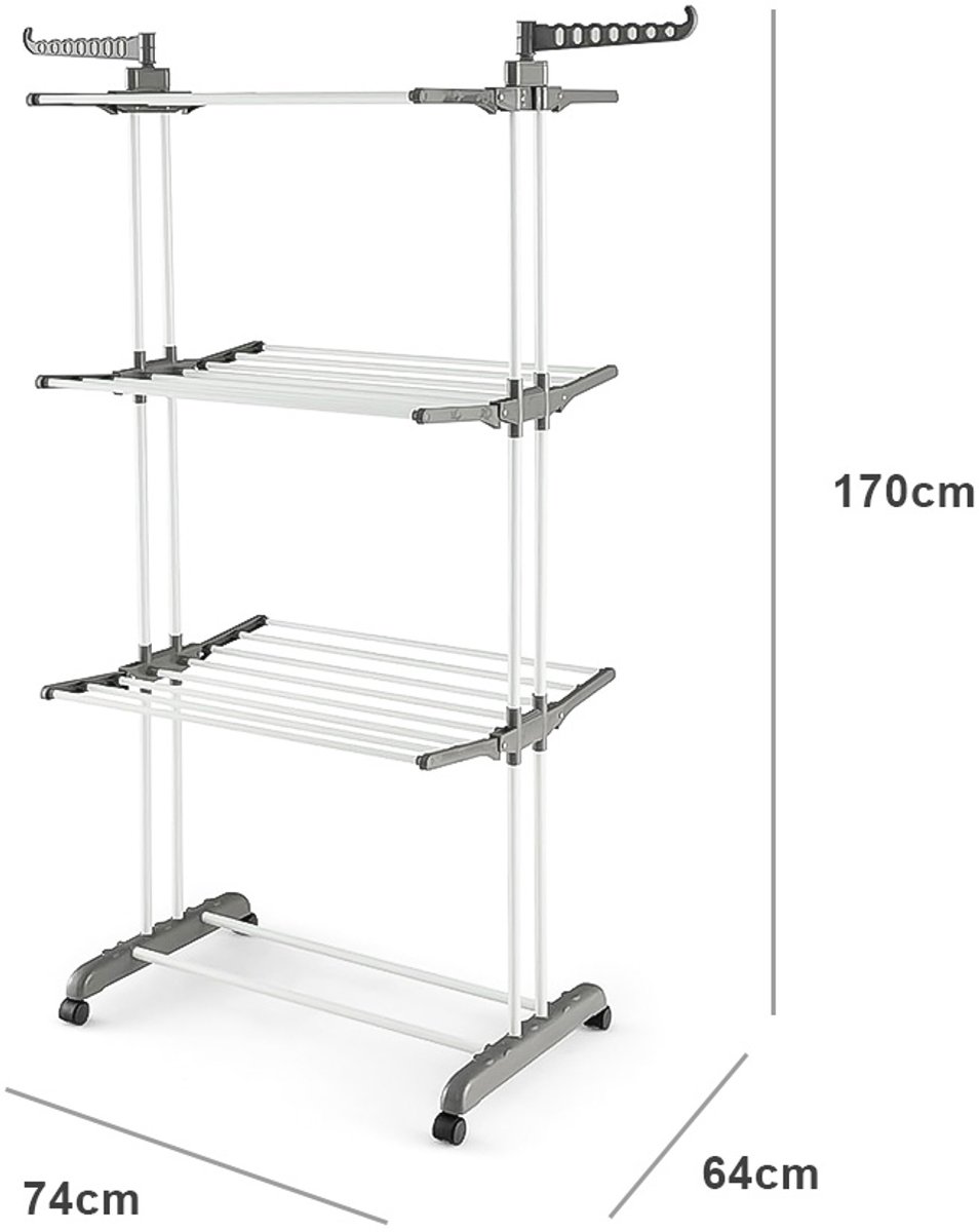 Droogrek - Inklapbaar Wasrek - Droogtoren - Wastoren - Wastoren Staand - Droogrek op Wielen - 40 kilo Draaggewicht - 170 x 74 x 64 cm - Grijs