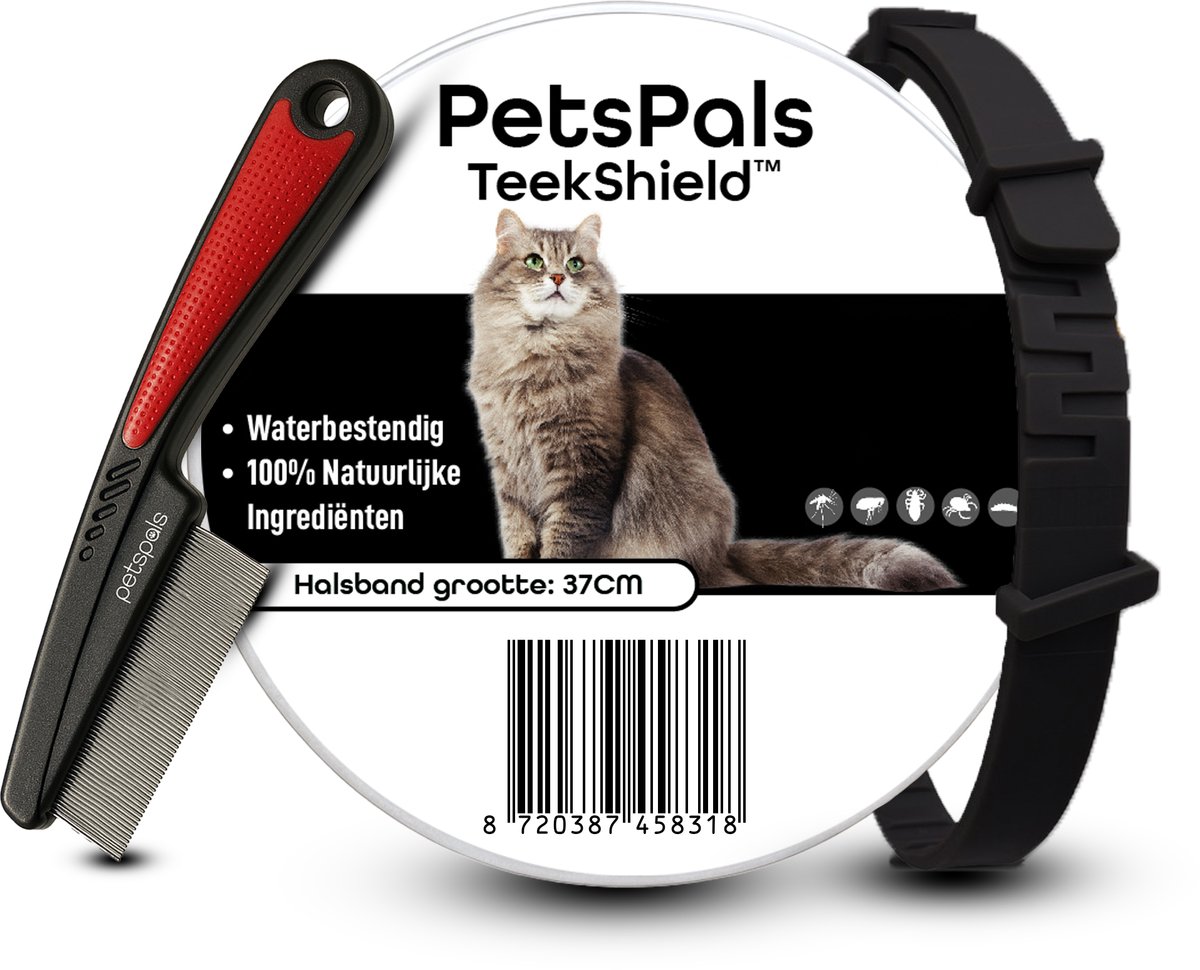Bol.com PetsPals TeekShield™ Natuurlijke Halsband voor Katten – Incl Vlooienkam - Verstelbaar en Comfortabel – Met Natuurlijke O... aanbieding