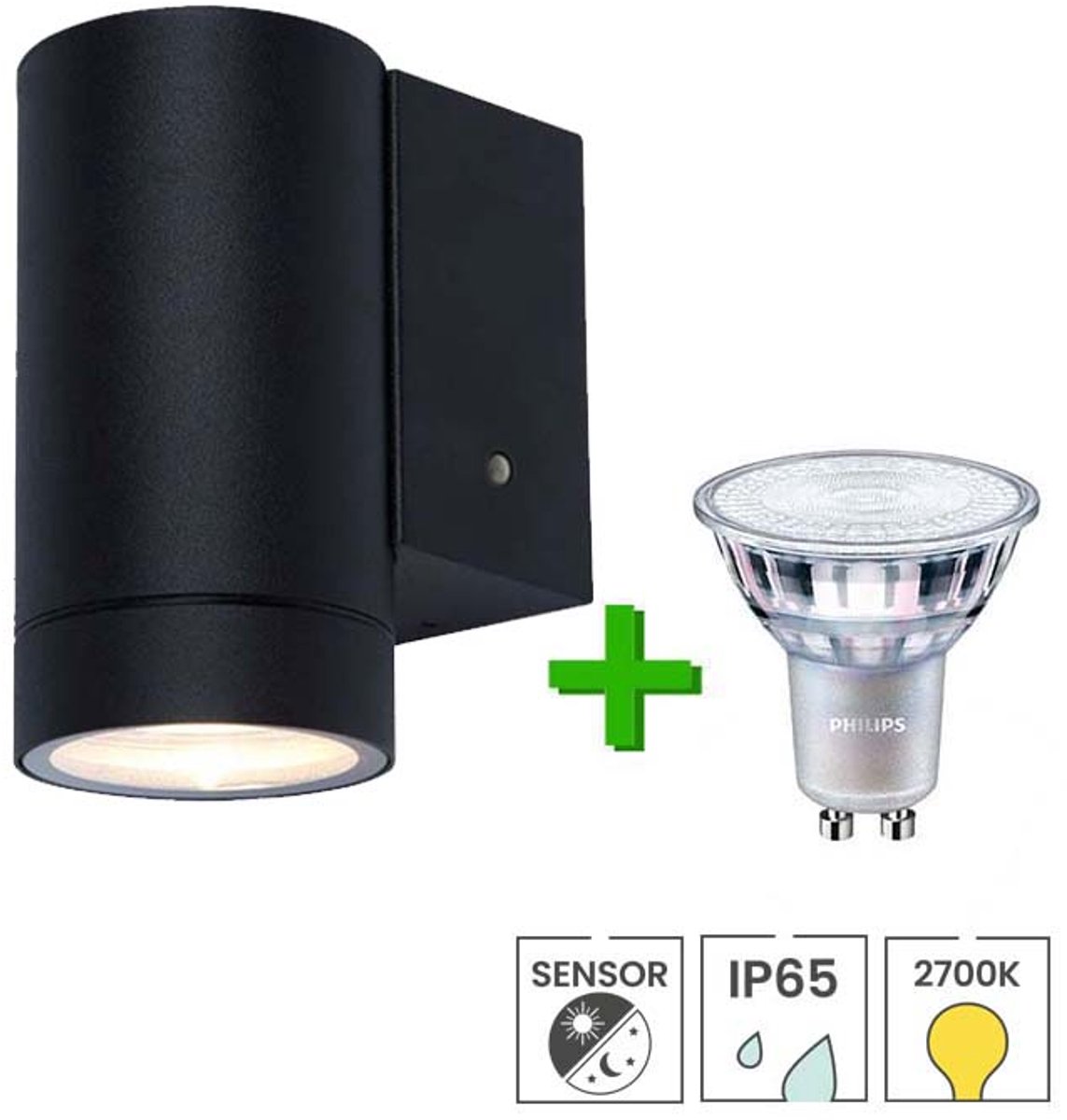 Lybardo - Buitenlamp met sensor dag en nacht - Wandlamp - LED GU10 Philips - Warmwit licht