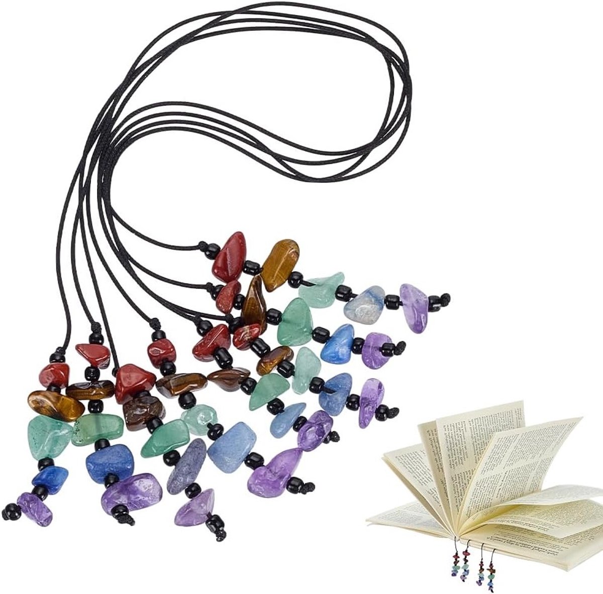 4 Gemstone Beads Nylon Boekmerken - Onregelmatige Kleine Boekmarkeringen met Rode Jaspis, Tijgeroog, Groene Aventurijn en Amethist voor Lezers