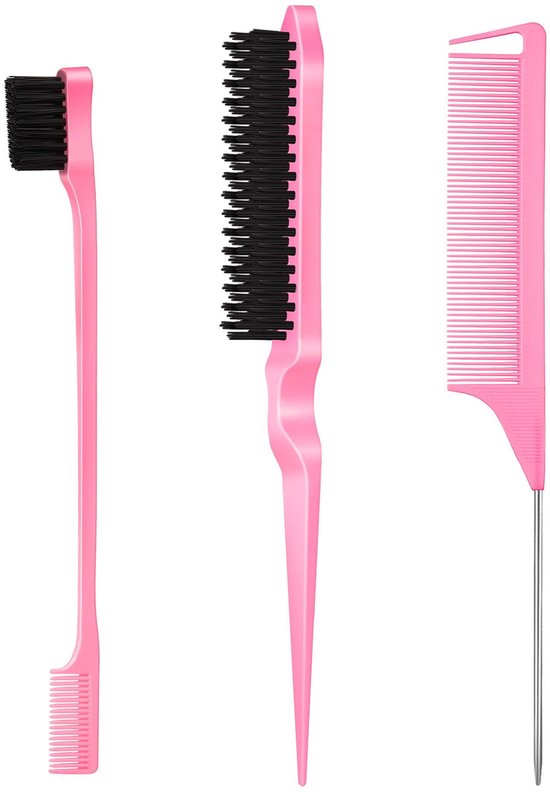 Drie roze haaraccessoires: een kam-borstel, een puntkam en een kam met staart.