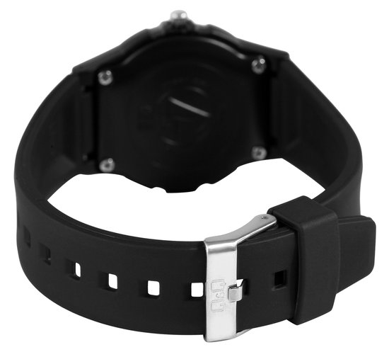 Achterkant van een zwarte kinderhorloge met een gesp met Q&Q logo.