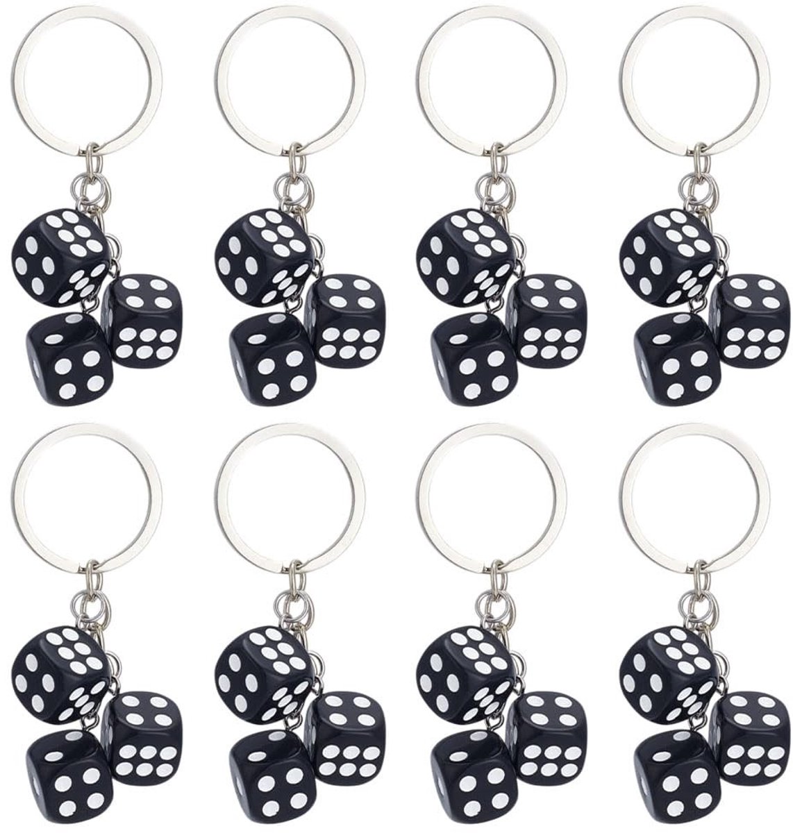 8 Stuks Zwarte Resin Dobbelsteen Sleutelhangers met RVS Accessoires