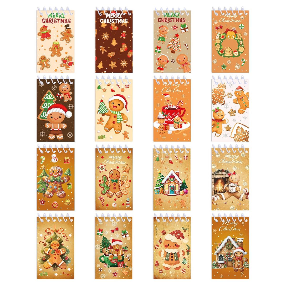 Allecto - Mini Notitieblok Kerstset - 16 Stuks - Spiraal Notitieboeken - Kerstmis - Peperkoekmannetjes - Perfect voor Kinderen - Kerstbriefpapier