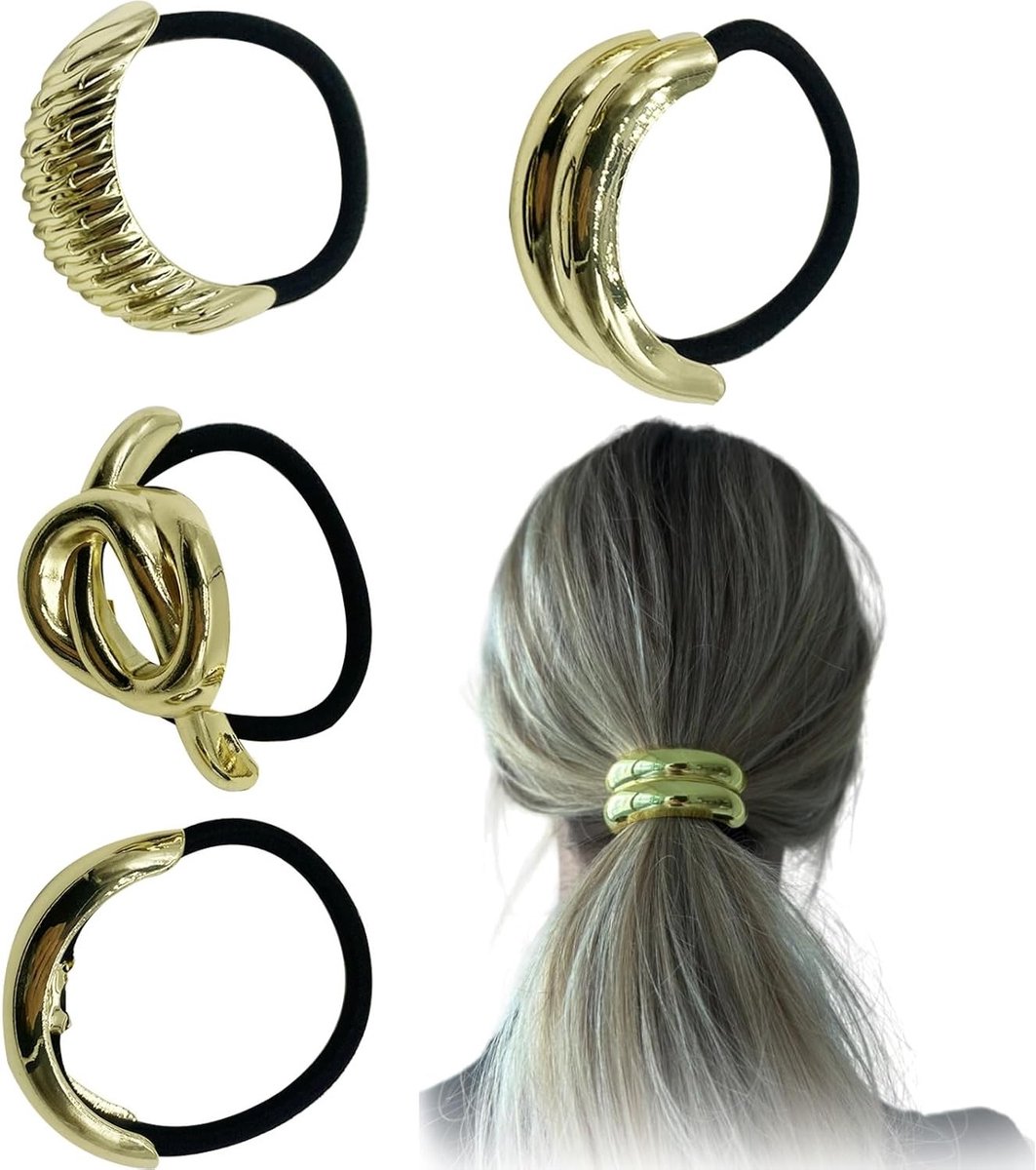 Stijlvolle Geometrische Haarstrikken van Metaal - 4 Stuks, Elastische Haaraccessoires voor Vrouwen, Perfect voor Ponytails en Feestjes