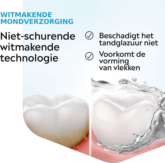 Listerine Advanced White. "Niet-schurende witmakende technologie". Beschadigt het tandglazuur niet. Voorkomt de vorming van vlekken.