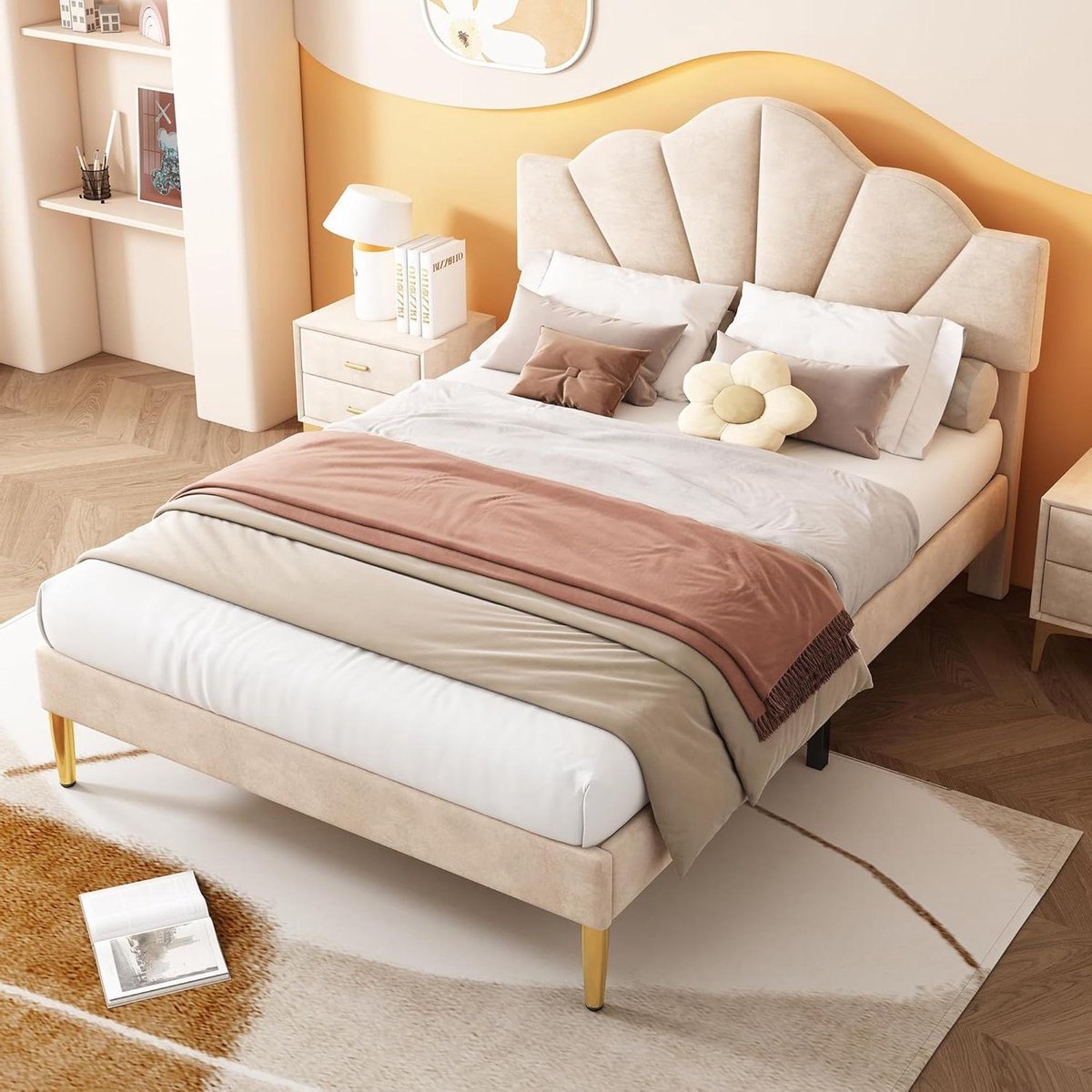 Gestoffeerd Bed - Fluwelen Bed - Comfortabel Slapen - Schelpachtig Hoofdeinde - 140 x 200 cm - Beige