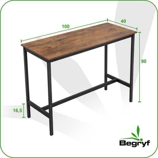 Bartafel met houten blad in roestbruine kleur en zwart metalen frame, 100x40x90 cm.