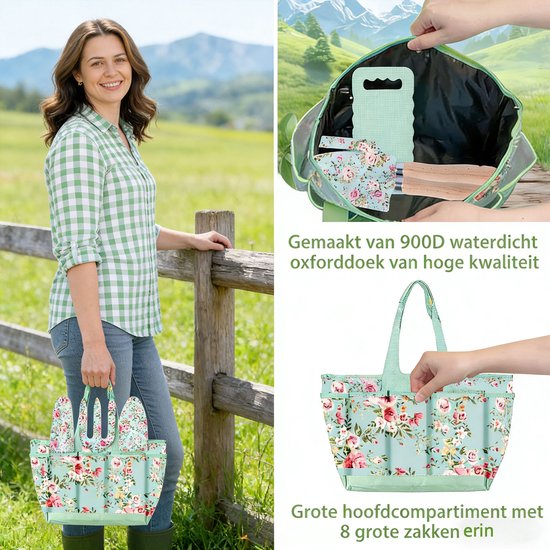 Gloovon® 10-Delige Tuingereedschap Set - RVS Handgereedschap met Tuintas - Inclusief Snoeischaar & Kniekussen - Bloemenprint van Merkloos	 — afbeelding 4