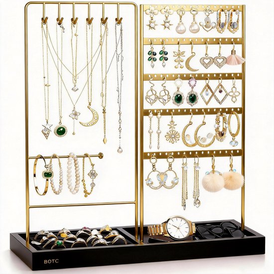 BOTC Sieradenhouder - Voor kettingen / armbanden / Oorbellen - Sieraden Organizer - Oorbellenrekje - Ketting houder - Goud/Zwart