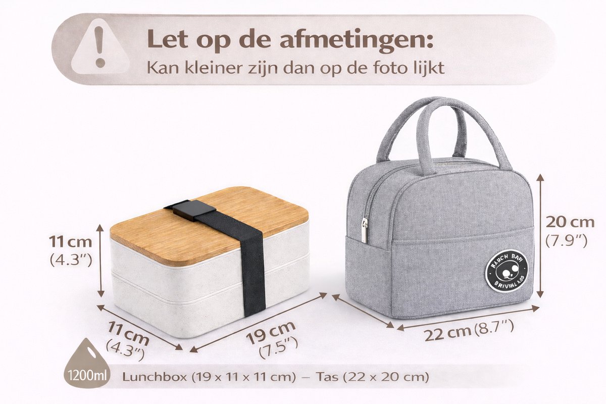 Lunchbox Set met Tas – 2 Laags Lunchbox (1200 ml) met Bamboe Deksel & Bestek – Inclusief Geïsoleerde Draagtas – Wit met Grijze Tas — cadeau in Koken & Dineren - foto 5